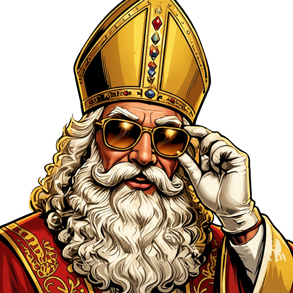 Comic-Sinterklaas met gouden mijter en spiegelende zonnebril